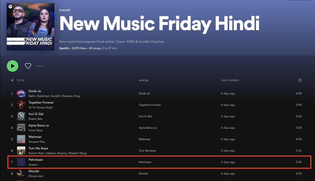 Aseem New Music Friday Hindi Spotify Editorial playlist success
